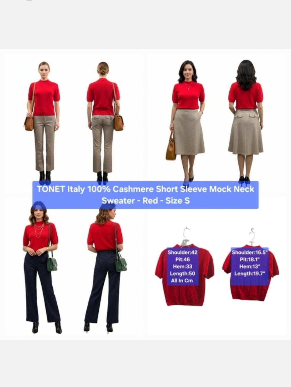 TONET Italy 100% Cashmere Short Sleeve Mock Neck Sweater - Red Size S